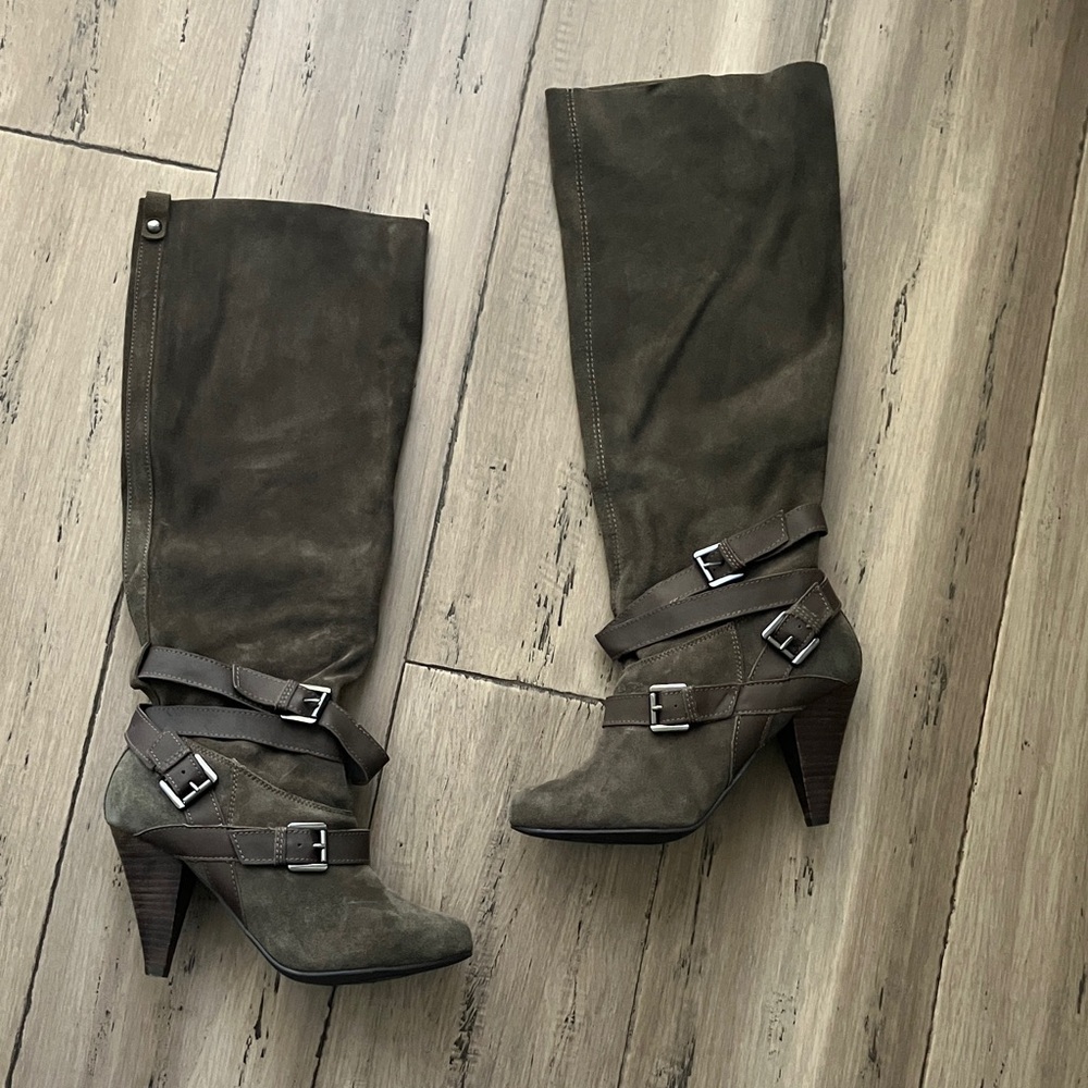 Naughty Monkey Taupe Suede Heeled Boots Buckle Straps Knee high 7.5